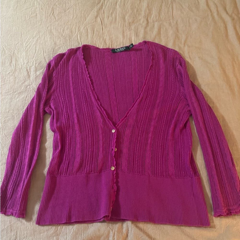 Lauren Ralph Lauren Fuchsia V-Neck Button Feminine Ribbed Petite Cardigan